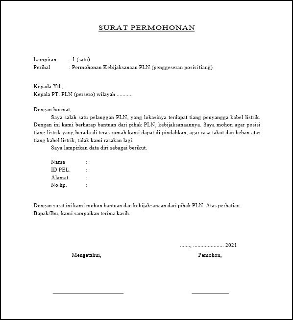 Contoh Surat Permohonan Pengajuan Pemindahan Tiang Listrik