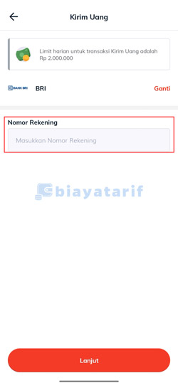 Masukkan Nomor Rekening BRI Tujuan